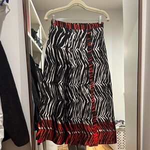 Zara Black and White Zebra A-Line Midi Skirt with Red Trim